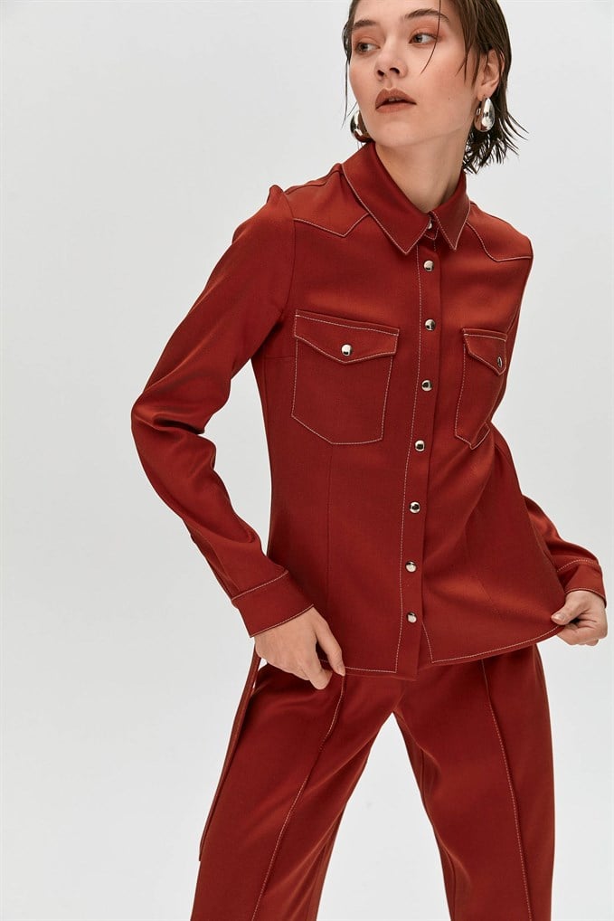 Kiremit Denim Görünümlü Saten Gömlek