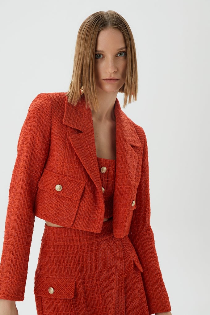 Kırmızı Crop Tüvit Blazer
