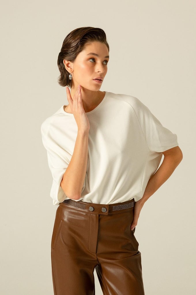 Short Sleeve Draped Ecru Blouse