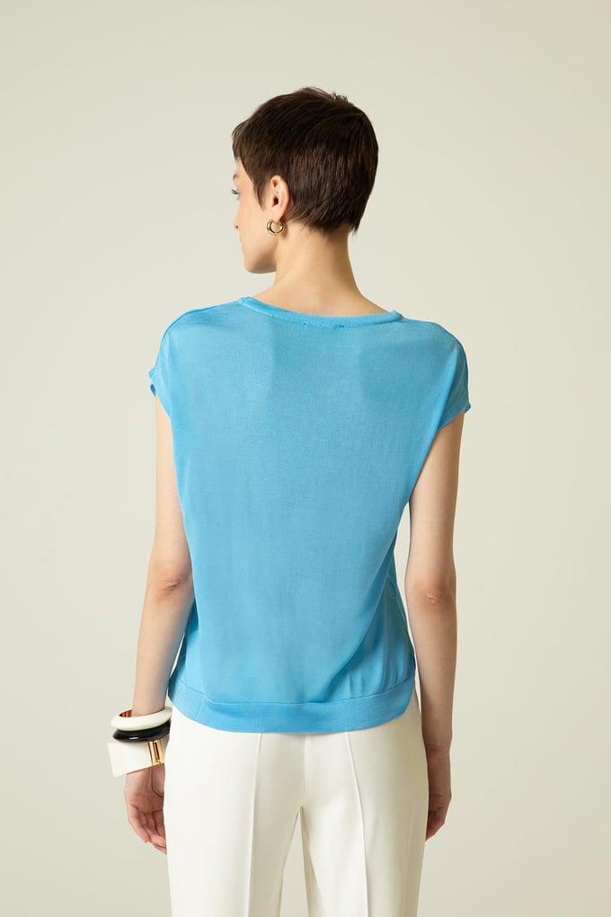Short Sleeve Blue Knit Blouse