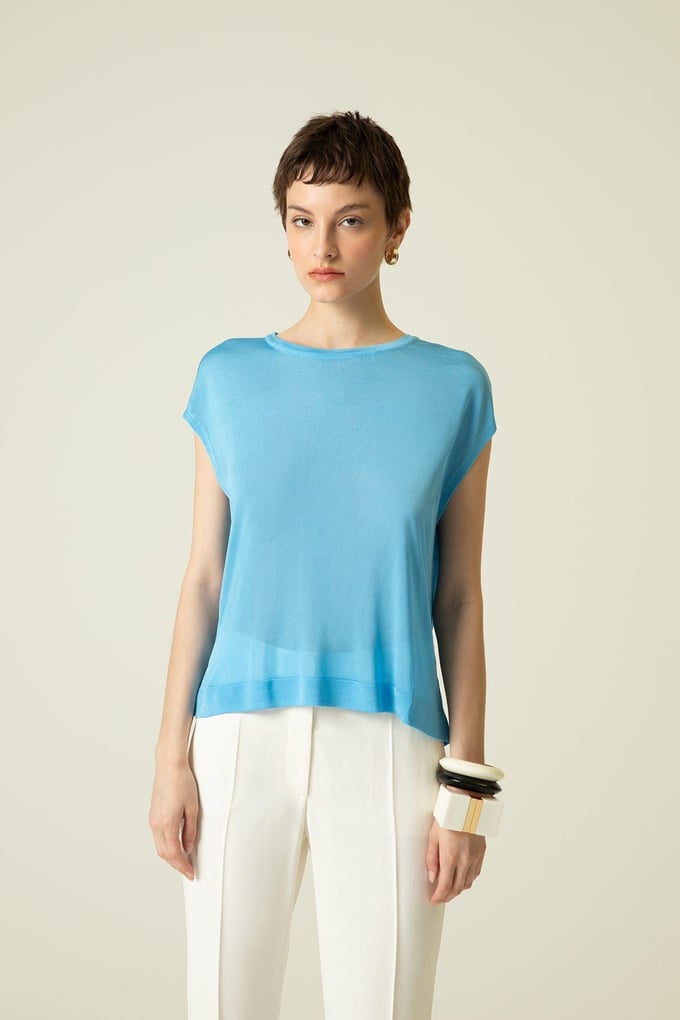 Short Sleeve Blue Knit Blouse
