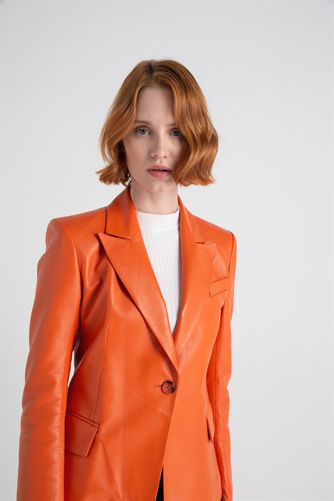 Klasik Blazer Deri Ceket Turuncu