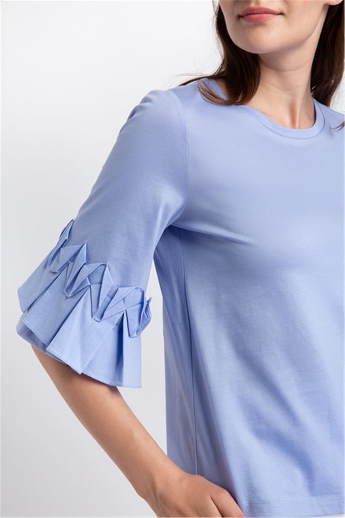 Kolu Poplin Detaylı, Sıfır Yaka T-Shırt Mavi