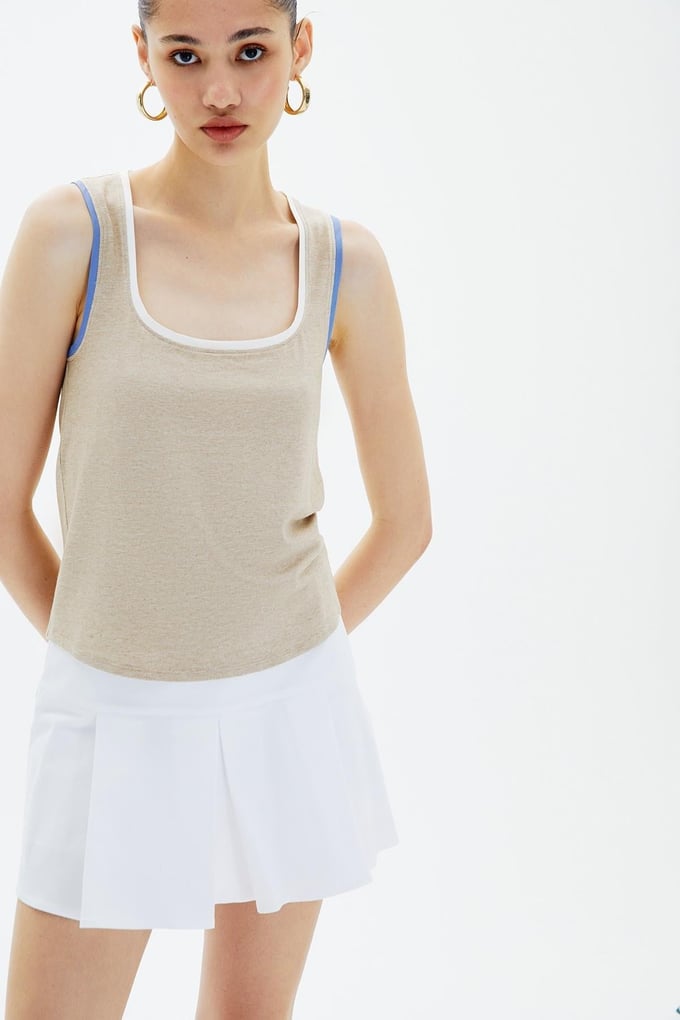 Kontrast Biyeli Bej Basic Bluz