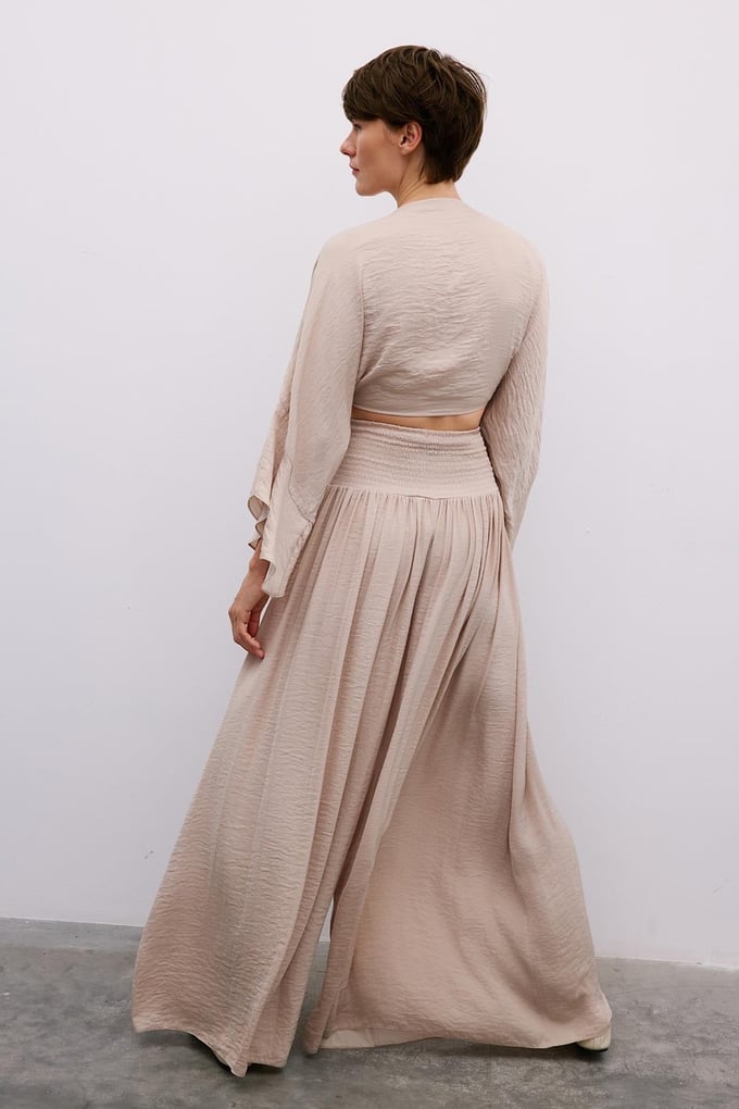 Corset Detail Wide-Leg Beige Trousers