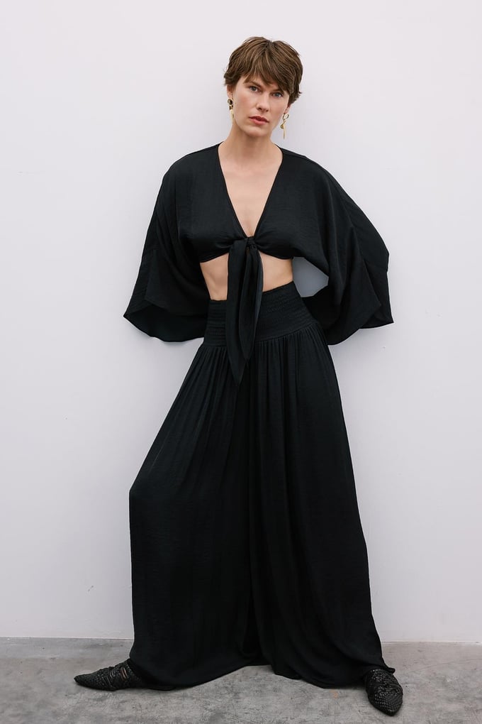 Corset Detail Wide-Leg Black Trousers