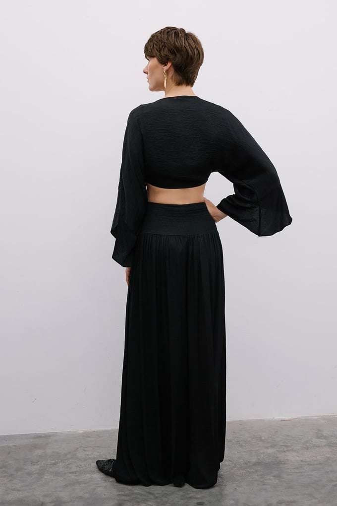 Corset Detail Wide-Leg Black Trousers