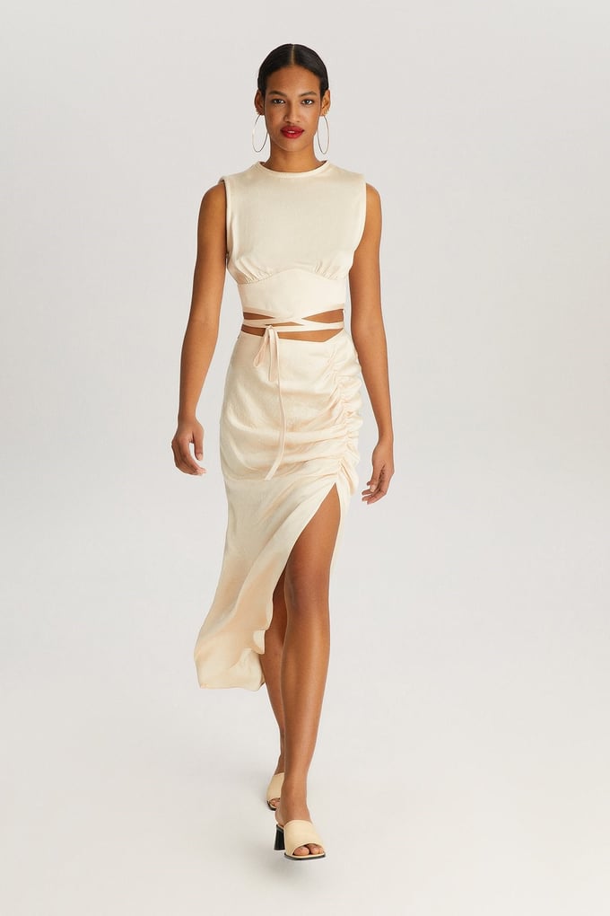 Krem Drape Midi Etek