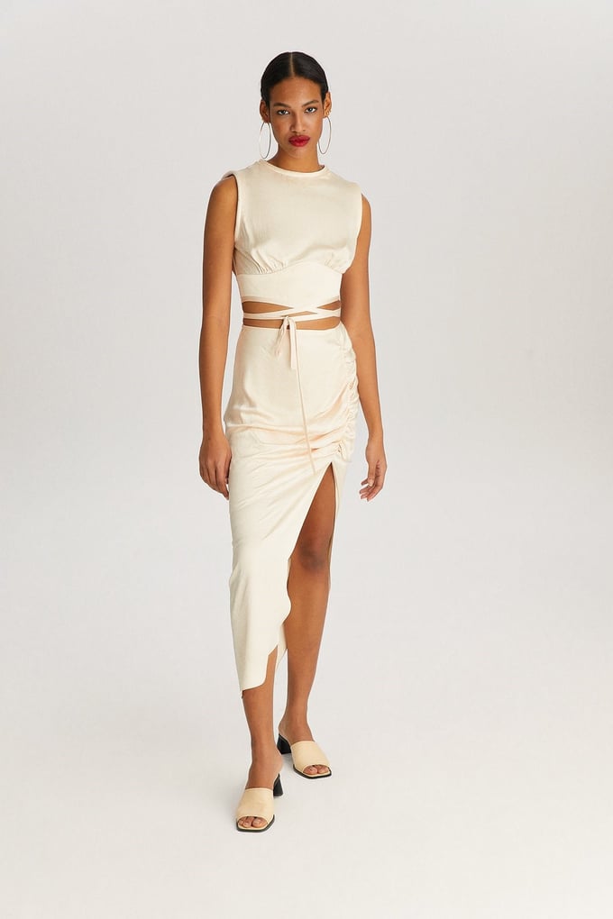 Krem Drape Midi Etek