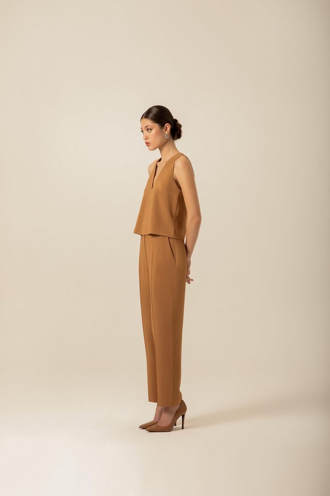 Crepe Textured Wide Leg Camel Trousers