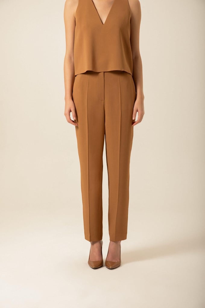 Crepe Textured Wide Leg Camel Trousers