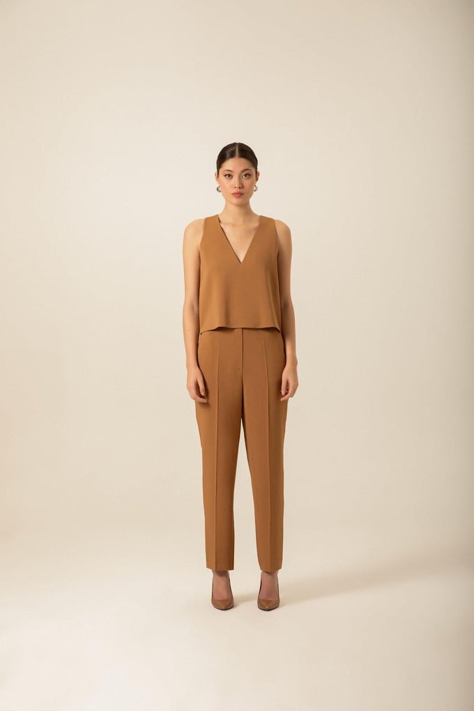 Crepe Textured Wide Leg Camel Trousers