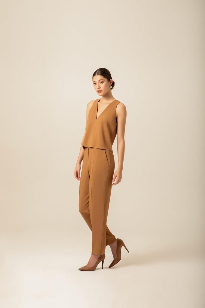 Crepe Textured Wide Leg Camel Trousers