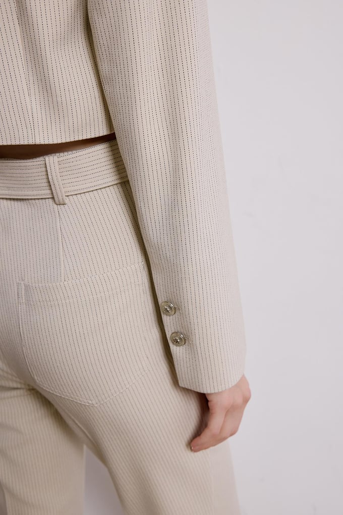 Kruvaze Çizgili Ekru Crop Ceket