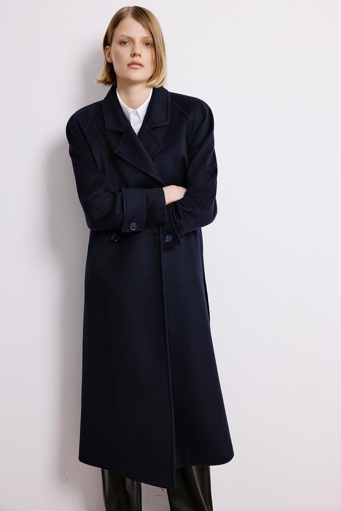 Navy Double-Breasted Long Sleeve Coat