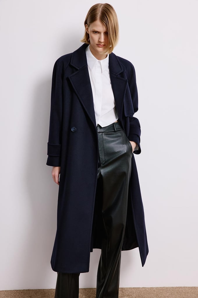 Navy Double-Breasted Long Sleeve Coat