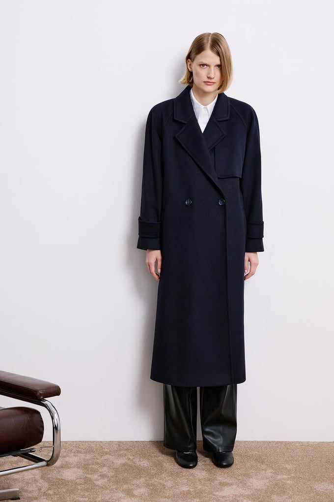 Navy Double-Breasted Long Sleeve Coat