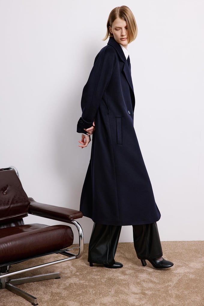 Navy Double-Breasted Long Sleeve Coat