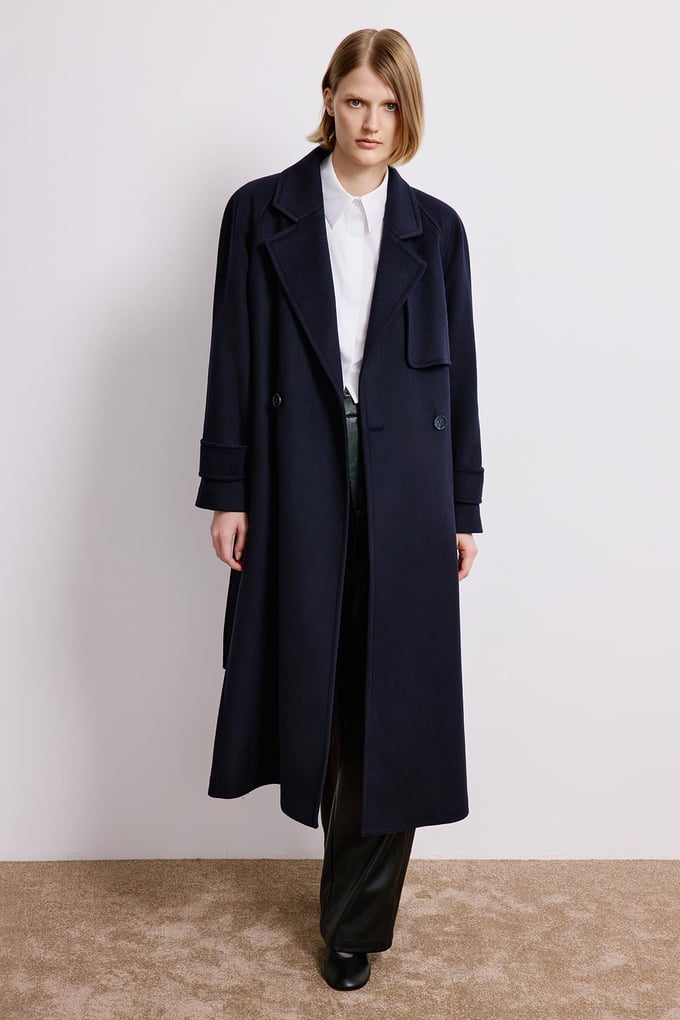 Navy Double-Breasted Long Sleeve Coat