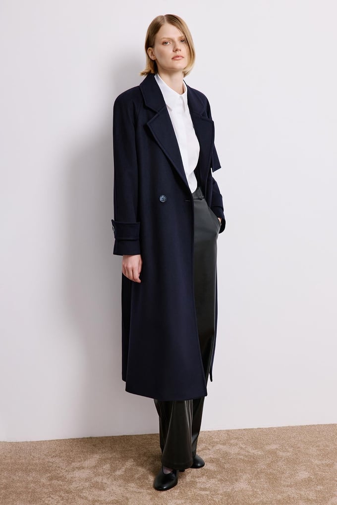 Navy Double-Breasted Long Sleeve Coat