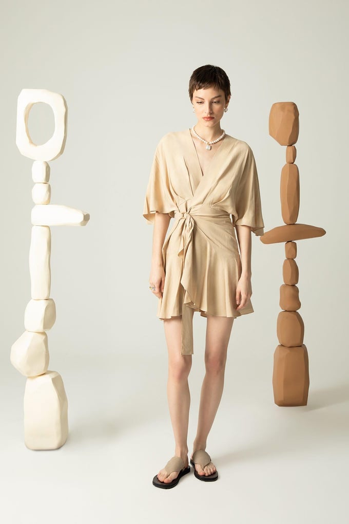 Wrap Over Flared Hem Camel Dress