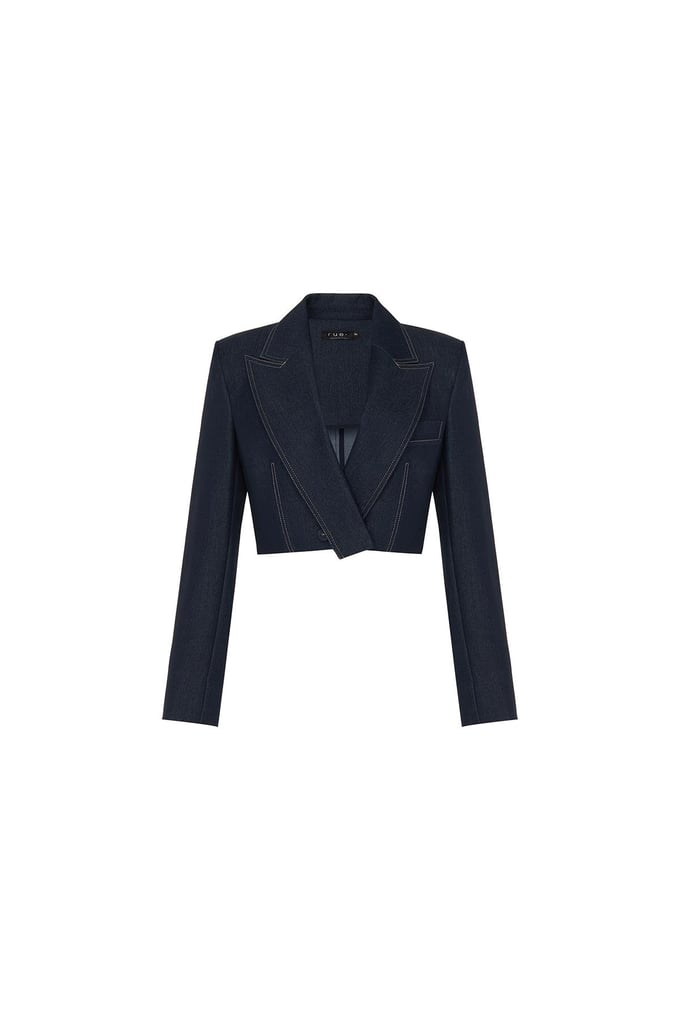 Kruvaze Kapama Vatkalı Lacivert Denim Crop Ceket
