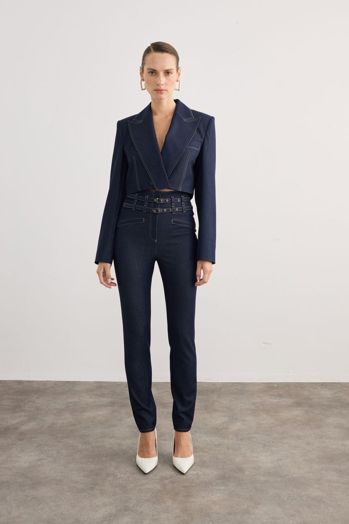 Kruvaze Kapama Vatkalı Lacivert Denim Crop Ceket
