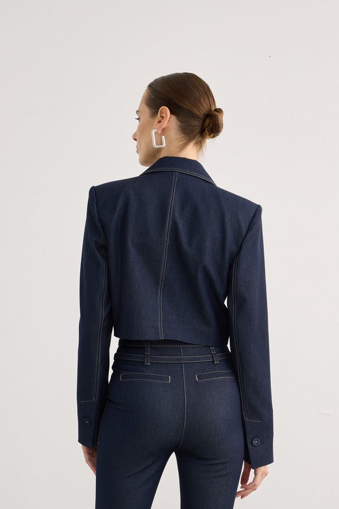 Kruvaze Kapama Vatkalı Lacivert Denim Crop Ceket