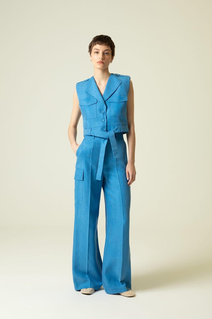 Kuşak Detaylı Kolsuz Mavi Crop Ceket