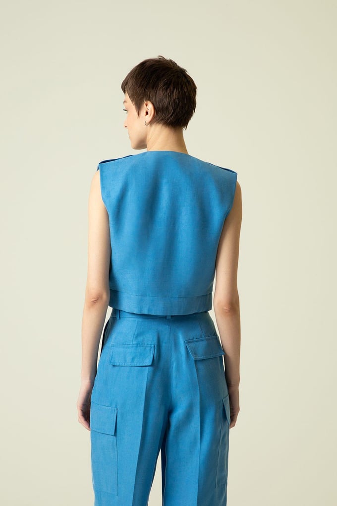 Kuşak Detaylı Kolsuz Mavi Crop Ceket