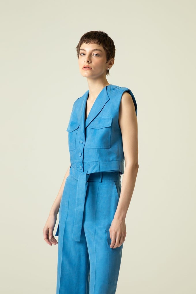 Kuşak Detaylı Kolsuz Mavi Crop Ceket