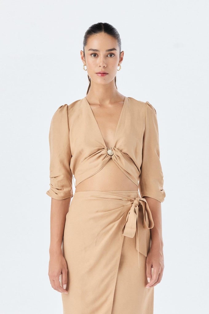 Sash Detailed V-Neck Camel Blouse