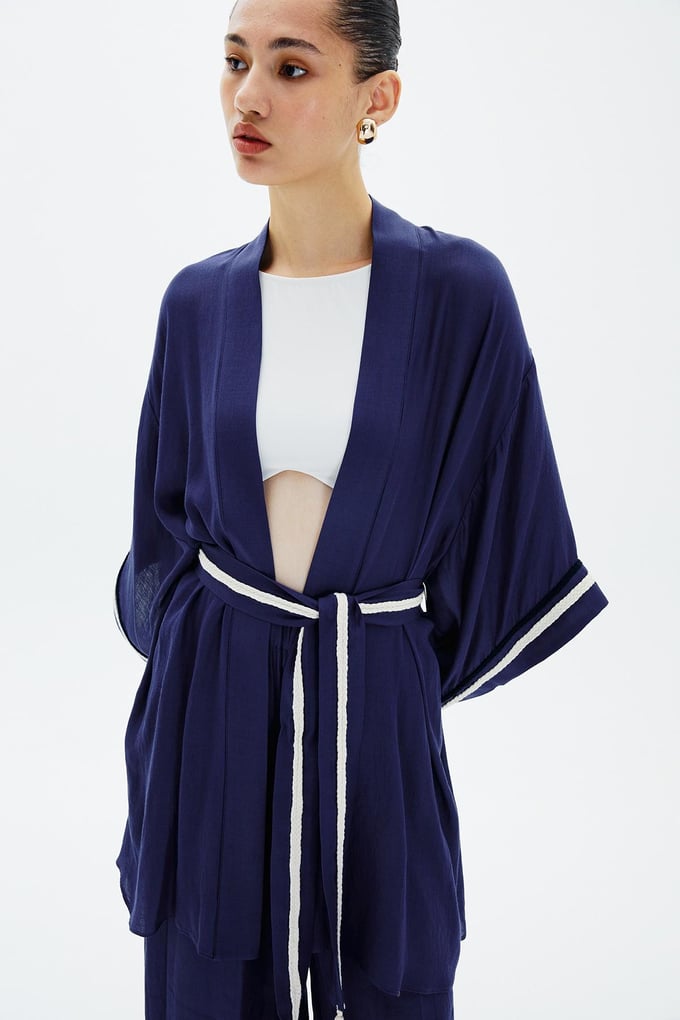 Kuşak Kemerli Lacivert Kimono