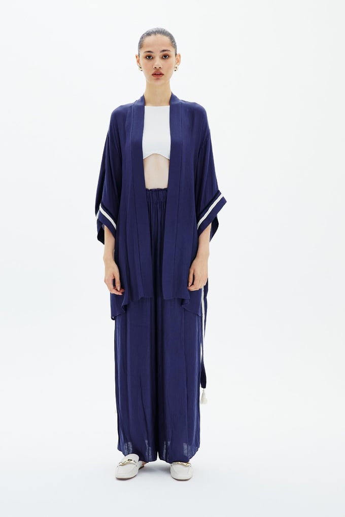 Kuşak Kemerli Lacivert Kimono