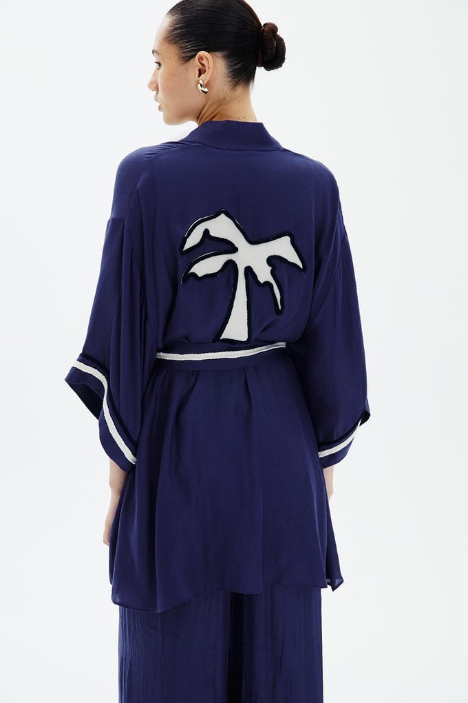 Kuşak Kemerli Lacivert Kimono
