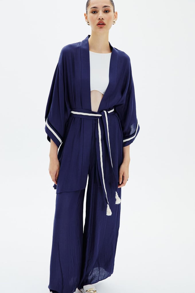 Kuşak Kemerli Lacivert Kimono