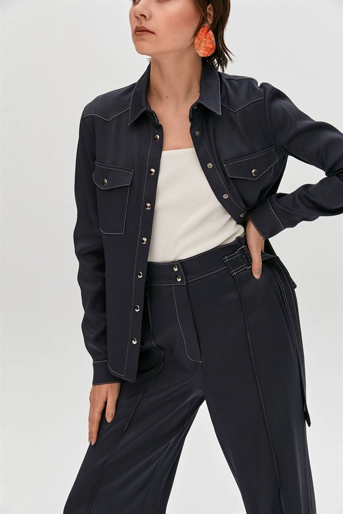 Lacivert Denim Görünümlü Saten Gömlek