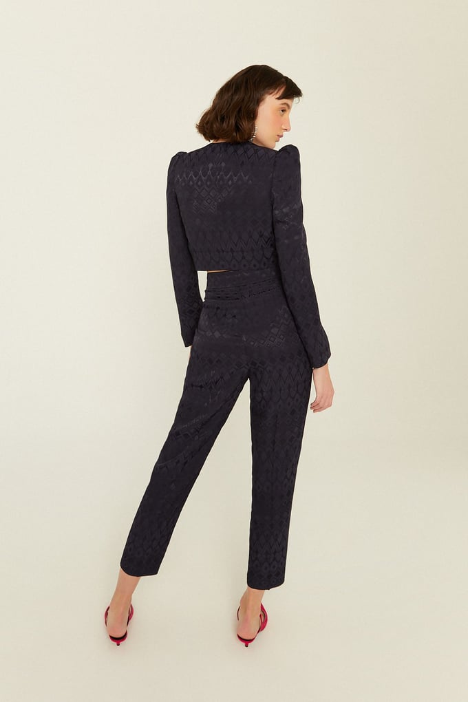 Lacivert Desenli Saten Yüzeyli Crop Ceket