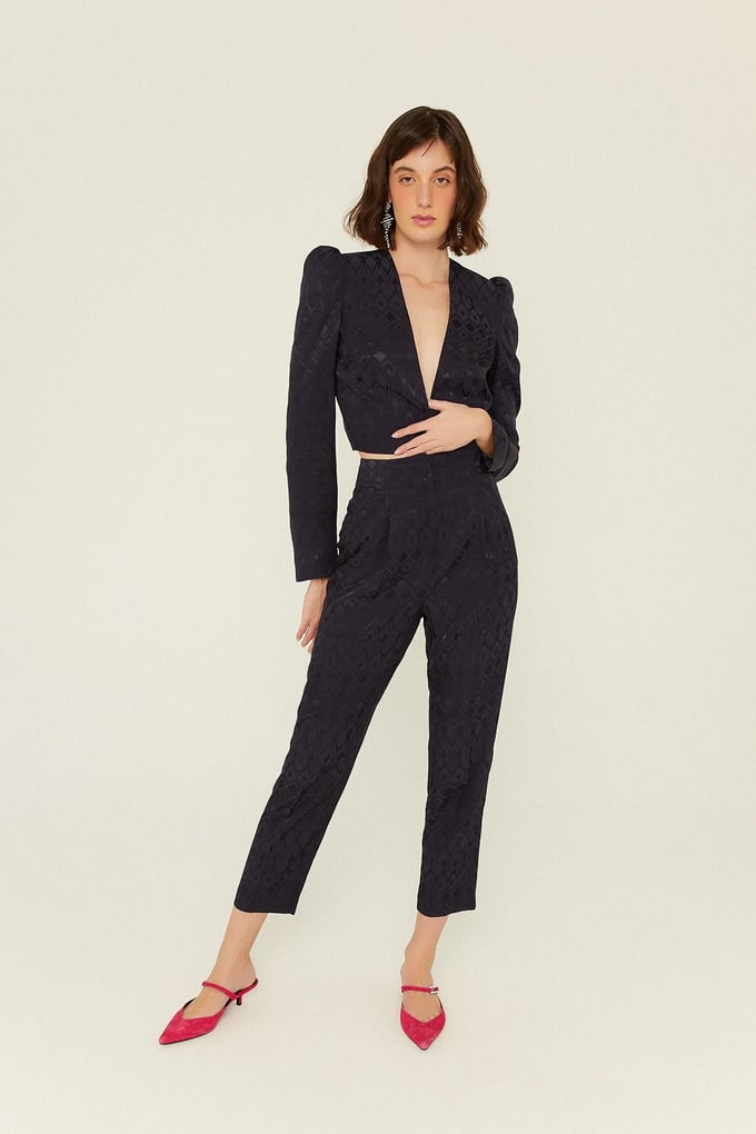 Lacivert Desenli Saten Yüzeyli Crop Ceket
