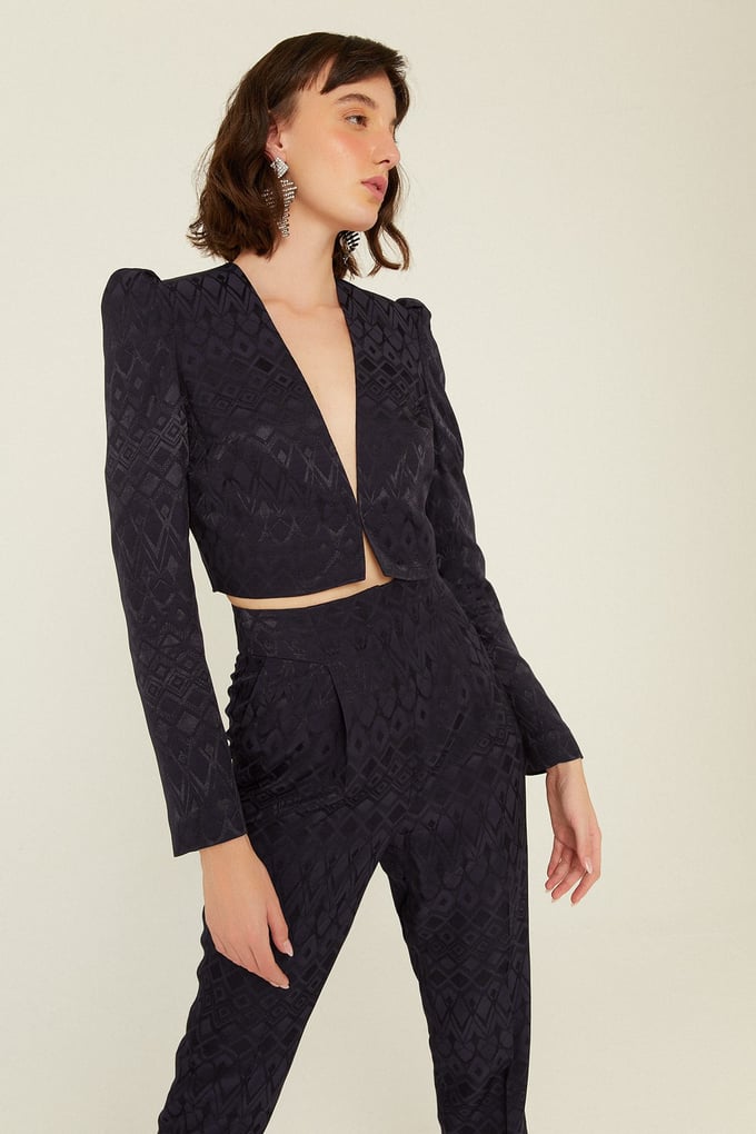 Lacivert Desenli Saten Yüzeyli Crop Ceket