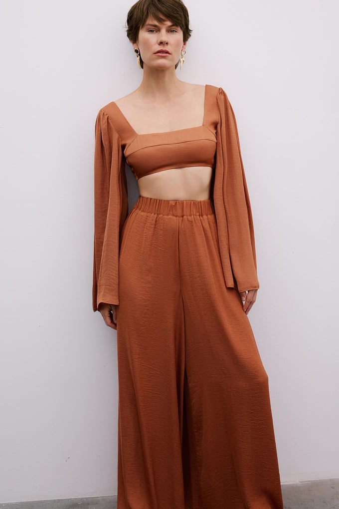 Elastic Waist Relaxed Wide-Leg Salmon Trousers