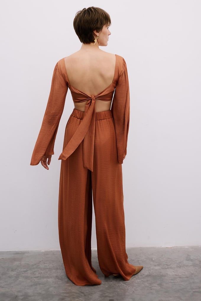Elastic Waist Relaxed Wide-Leg Salmon Trousers