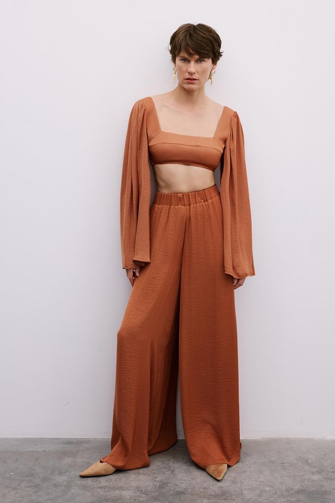 Elastic Waist Relaxed Wide-Leg Salmon Trousers