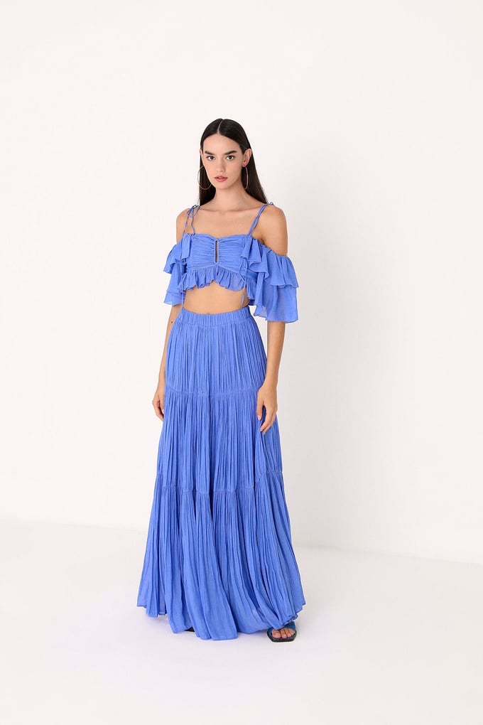 Mavi Askılı Volanlı Crop Bluz