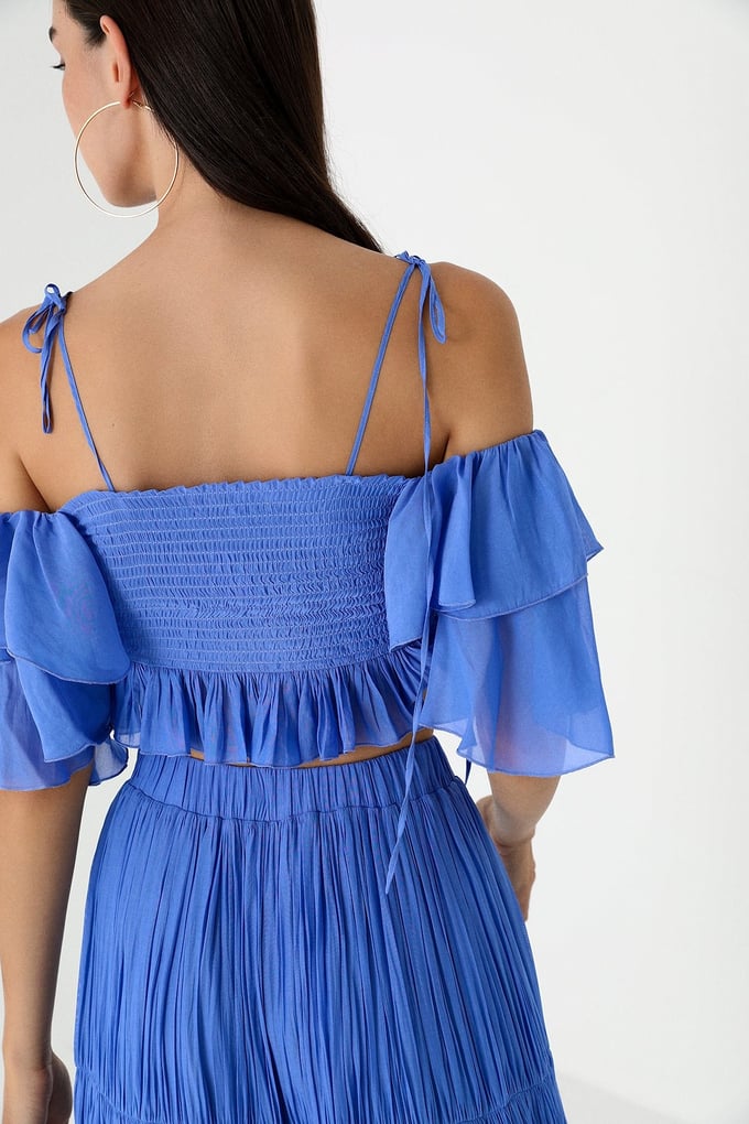 Mavi Askılı Volanlı Crop Bluz