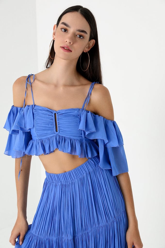 Mavi Askılı Volanlı Crop Bluz