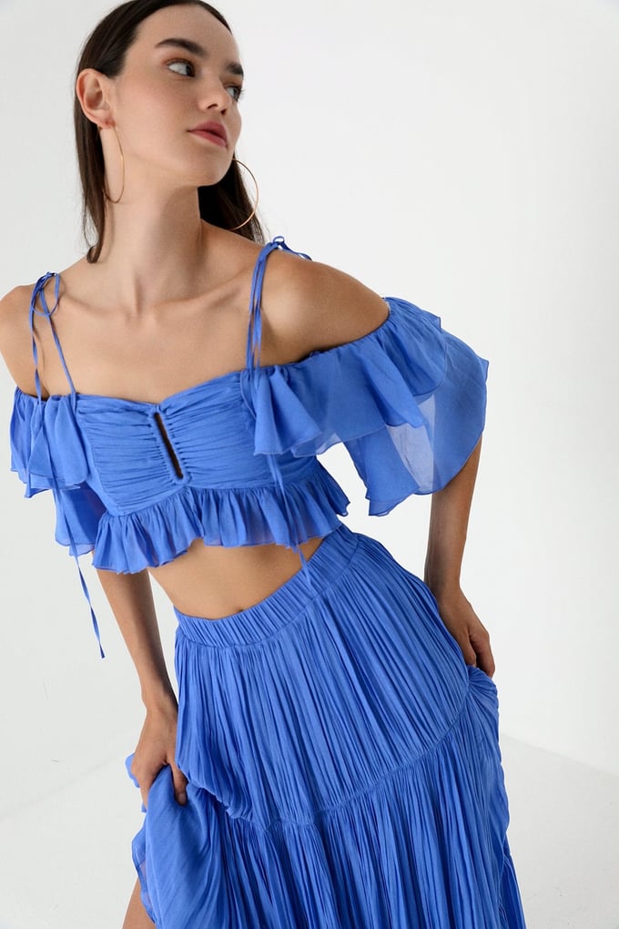 Mavi Askılı Volanlı Crop Bluz