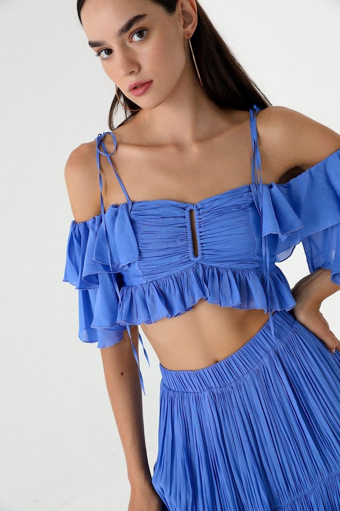 Mavi Askılı Volanlı Crop Bluz