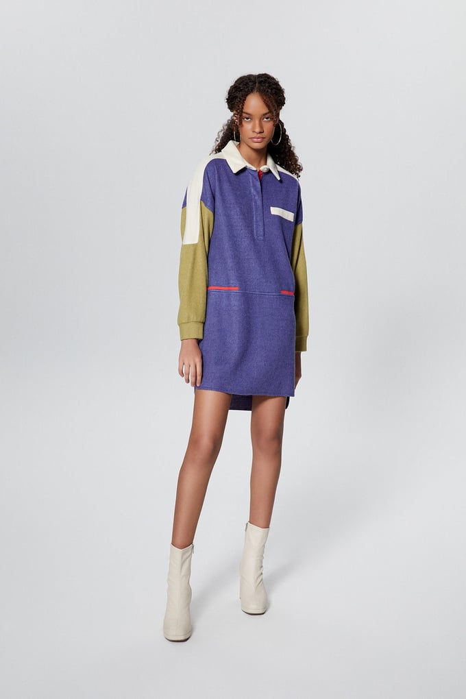 Mavi Renk Bloklu Mini Sweat Elbise