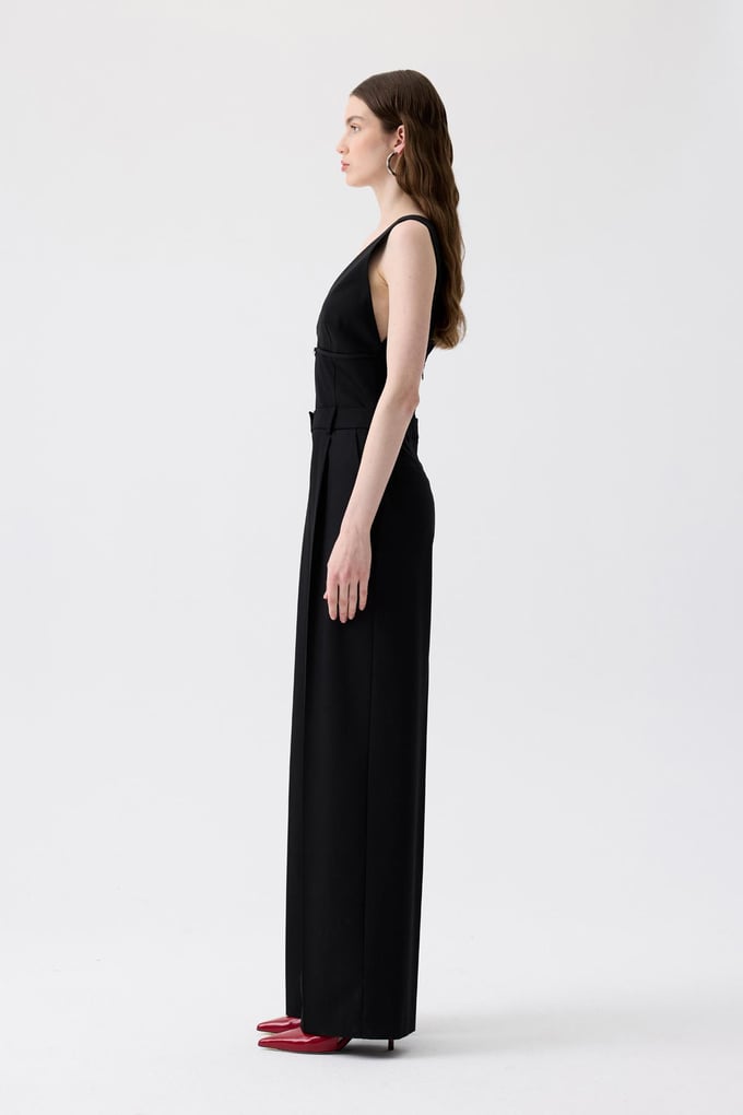 Metal Accessory V-Neck Black Jumpsuit
